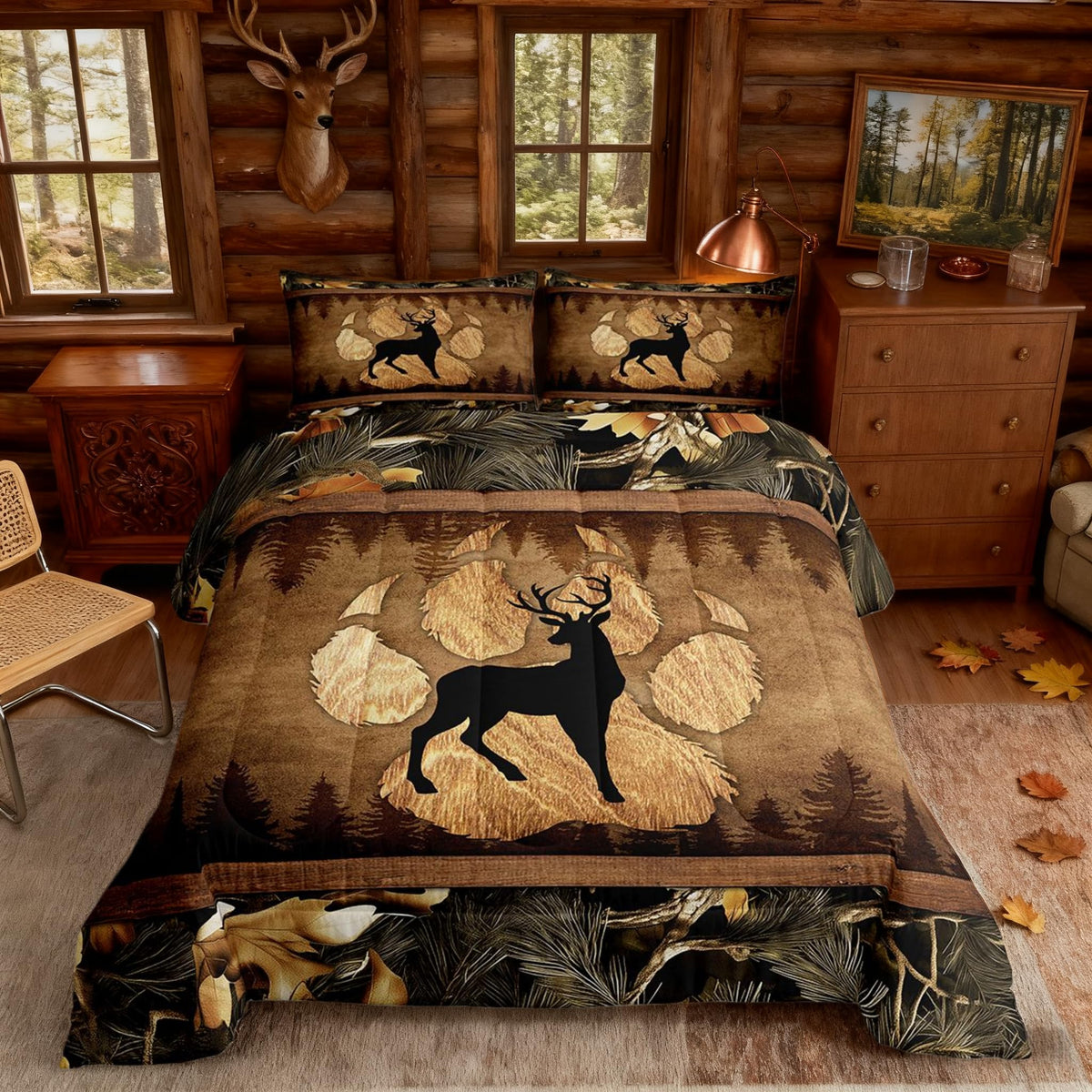 Homewish Jungle Cabin Comforter Set,Moose Animal Pine Trees Bedding Sets for Kids Teens Adults,Retro Wooden Stripes Rustic Farmhouse Quilted Comforter with 2 Pillowcases Queen Size 3 Pcs