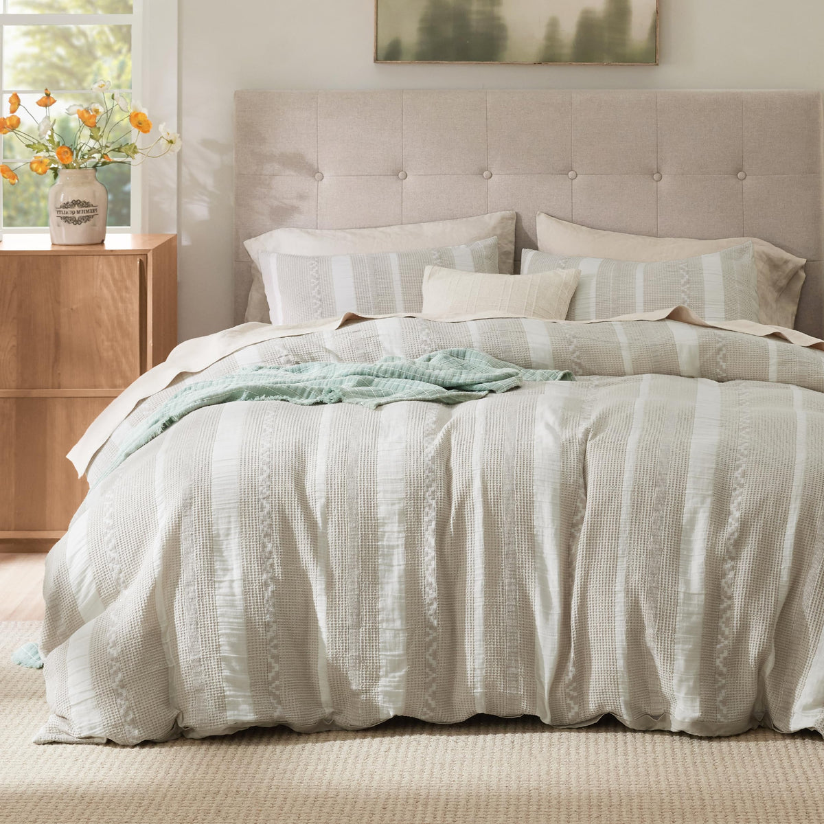Bedsure PureWoven 3 Pieces 100% Cotton Waffle Weave Duvet Cover Set, Queen