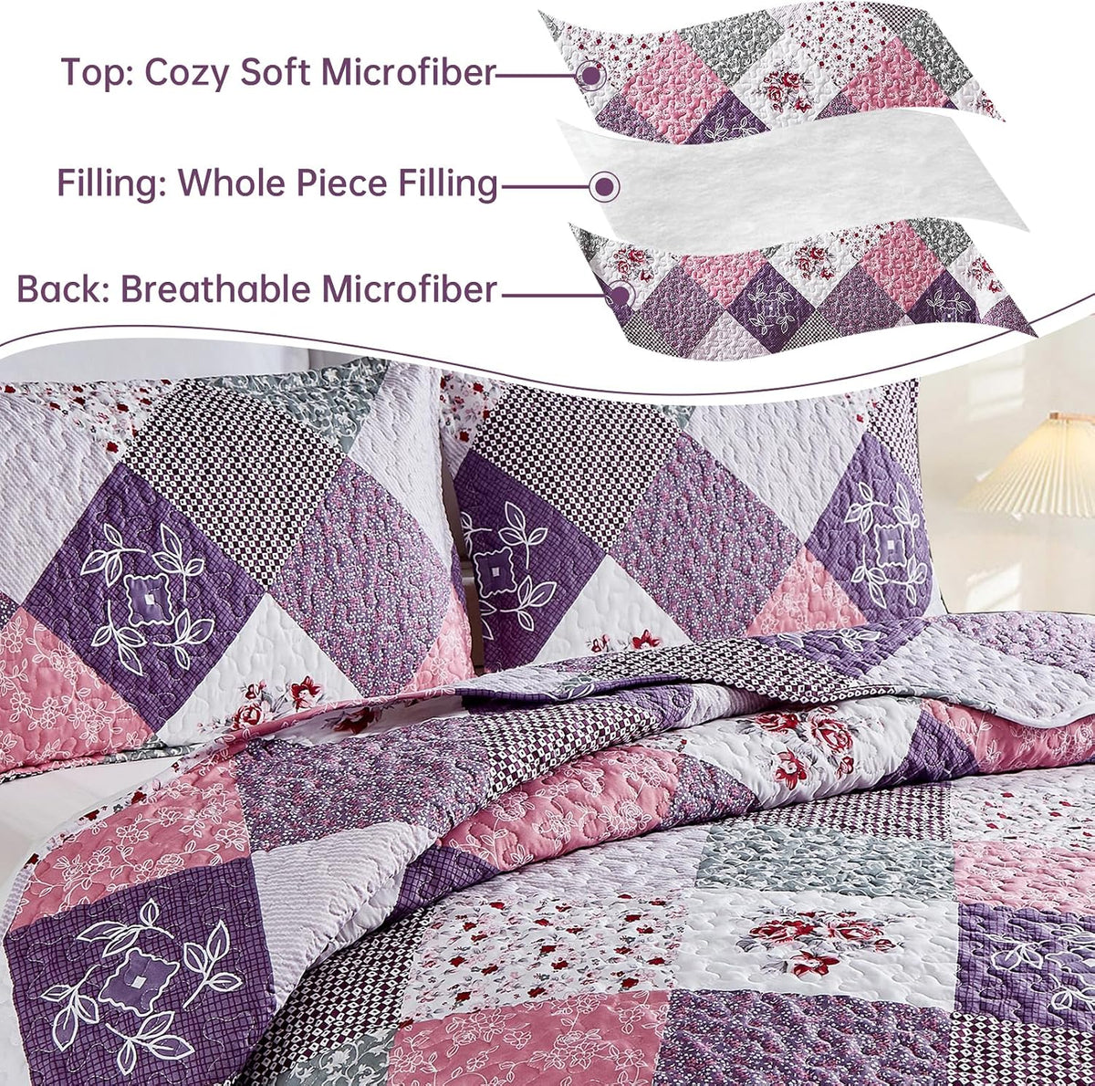 Dinjoy Boho Quilt Set Full Size, Patchwork Floral Bedspreads, Purple