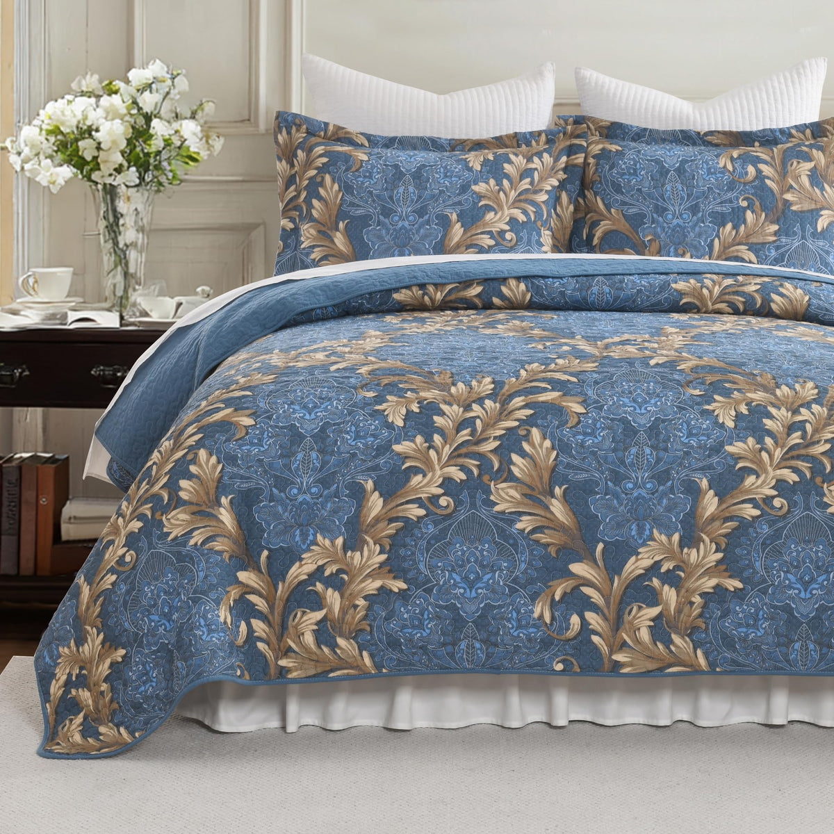 100% Cotton King Quilt Set Taupe Floral Bedding and 2 Pillow Shams