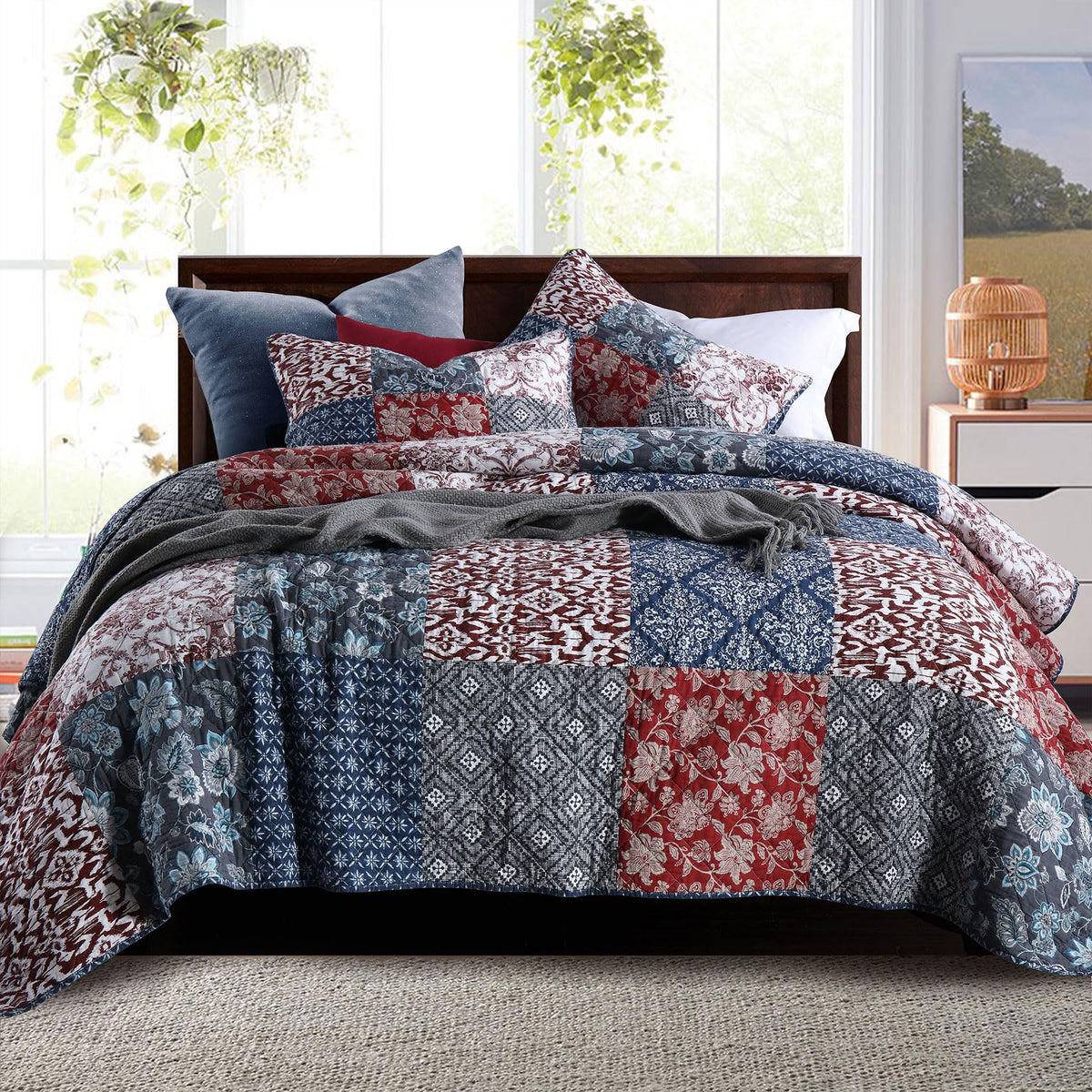 Secgo California King Quilt Size - 100% Cotton Oversized California Comforter Set Green Bedding Sets (120 * 110 Inch) with 2 Pillow Shams, Patchwork Reversible Lightweight Bedspread
