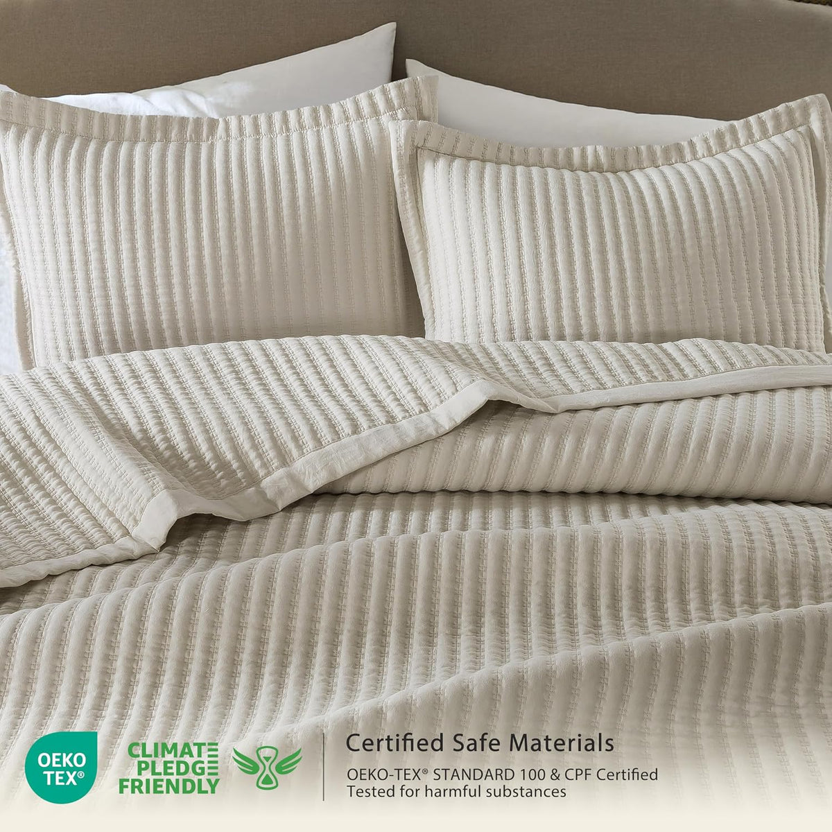 WDCOZY Beige Queen Size Quilt Set, Striped Pick Stitch Bedspread