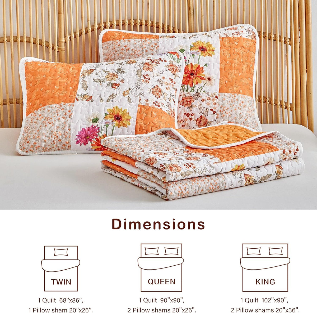 Joyreap 3 Pieces Floral Patchwork Quilt Set Queen, Orange n White Flowers Design, Smooth Soft Microfiber Quilt, Bedspread Bed Cover for All Season- 102x90 inches