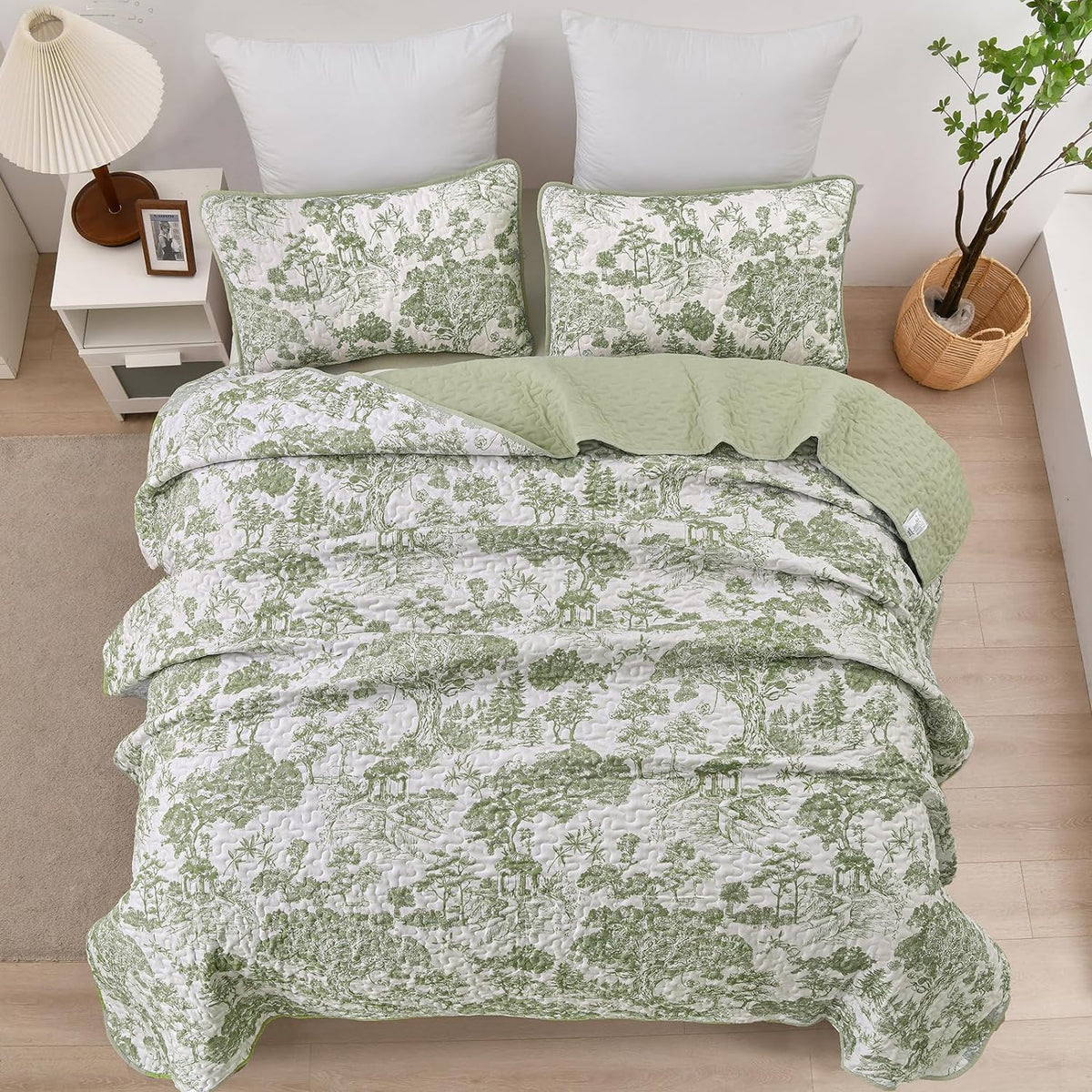 WONGS BEDDING Sage Green Quilt Set King Size, Botanical Floral Bedspread