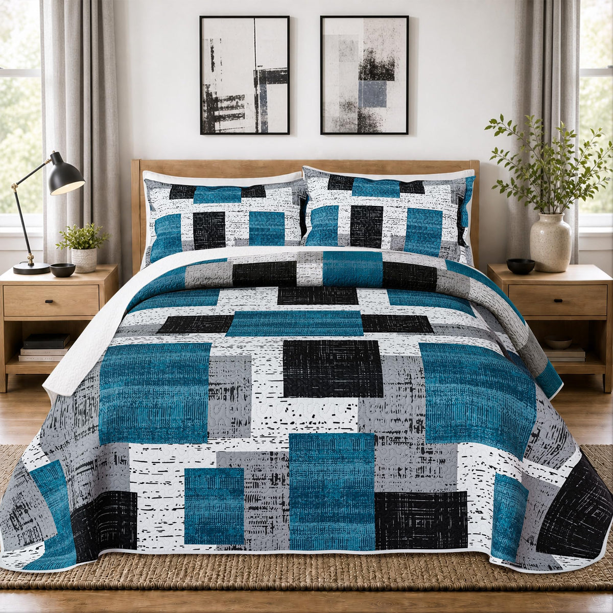 Tyrot 3 Piece Black Grey Quilt Full/Queen Size Black White Gray Bedding Set