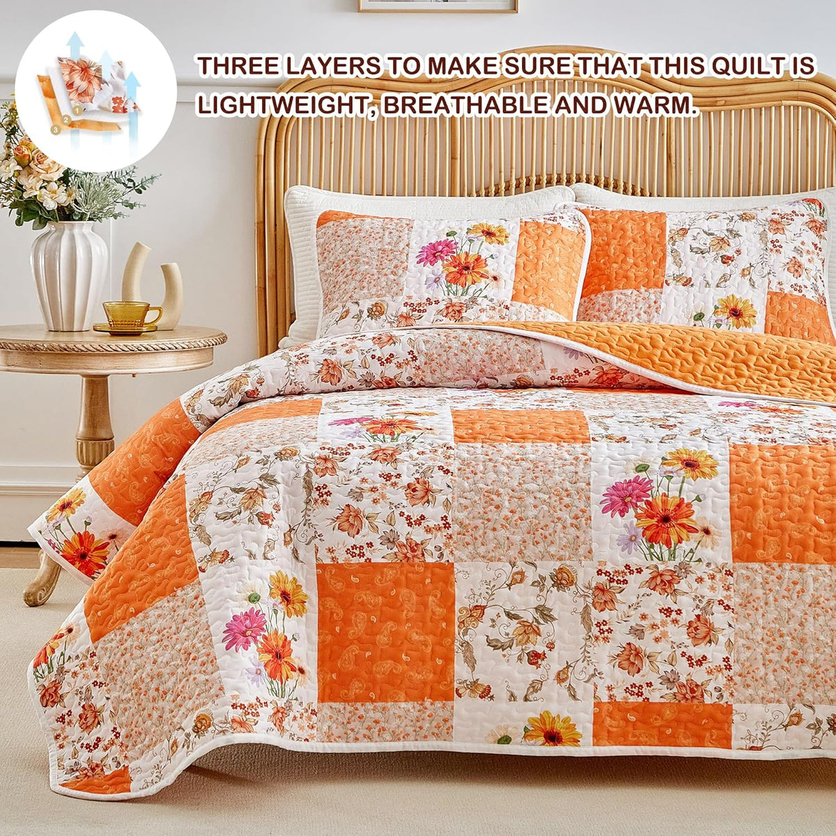 Joyreap 3 Pieces Floral Patchwork Quilt Set Queen, Orange n White Flowers Design, Smooth Soft Microfiber Quilt, Bedspread Bed Cover for All Season- 102x90 inches
