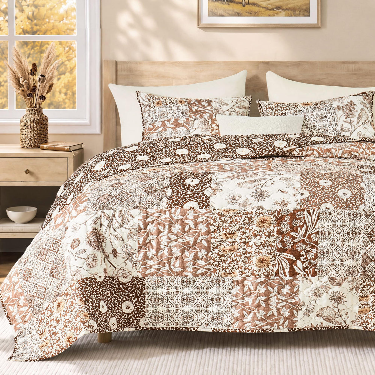 Quilts Queen Size-3 Pieces Soft Queen Bedspread Floral Patchwork Quilt