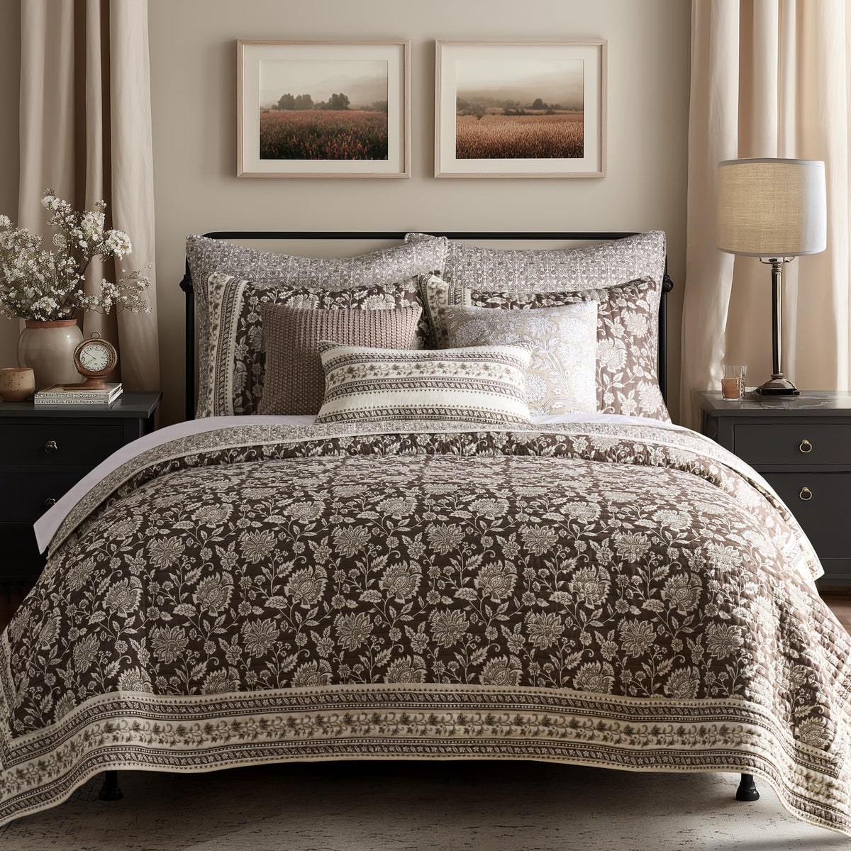 Levtex Home Adare Taupe Reversible King Duvet Cover Set (106x94in) with 2 Pillowcases (36x20in) - Floral Bedding - Taupe and White - Cotton King Size Duvet Cover Set - Soft, Pre-Washed