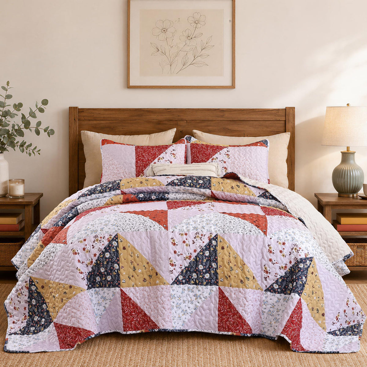 JANZAA Quilts Queen Size, Sage Green Bedspread 3 Pcs Floral Bedding Set