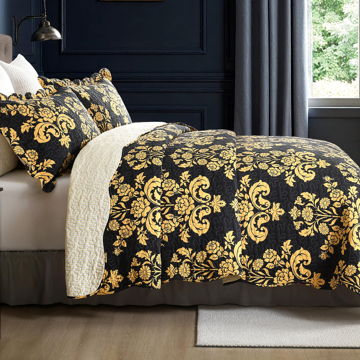 100% Cotton King Quilt Set Taupe Floral Bedding and 2 Pillow Shams