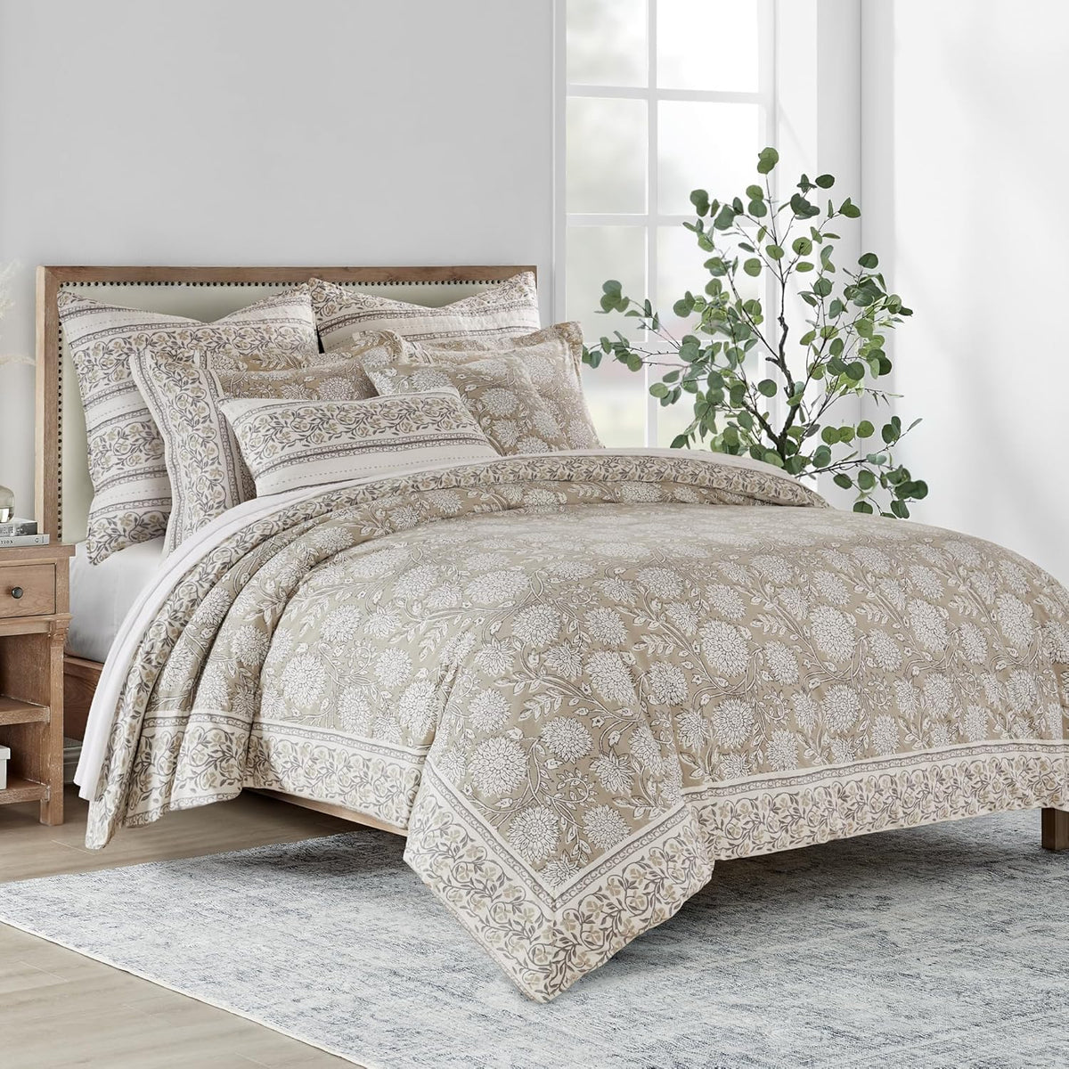 Levtex Home Adare Taupe Reversible King Duvet Cover Set (106x94in) with 2 Pillowcases (36x20in) - Floral Bedding - Taupe and White - Cotton King Size Duvet Cover Set - Soft, Pre-Washed