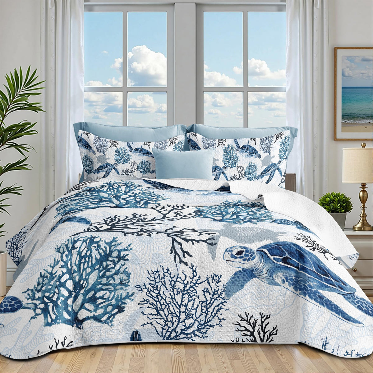 Nautical Queen Quilt Set, Coastal Seahorse Bedding, 3 Piece, 90"x96"