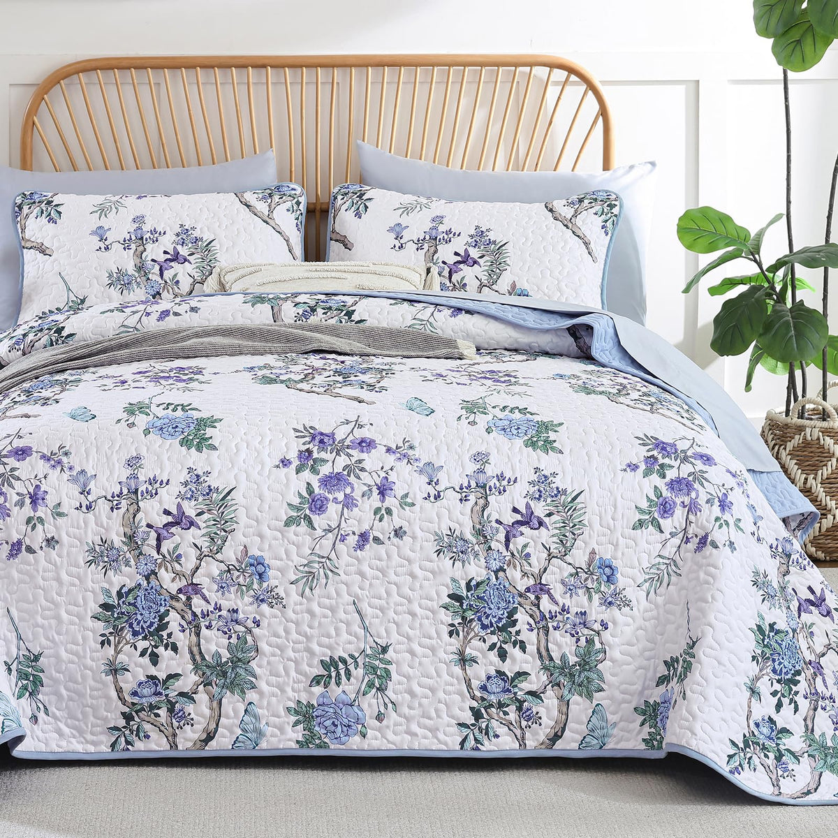 WONGS BEDDING Floral Quilt Set King, 3 Pcs Brown Bedspread Coverlets Set