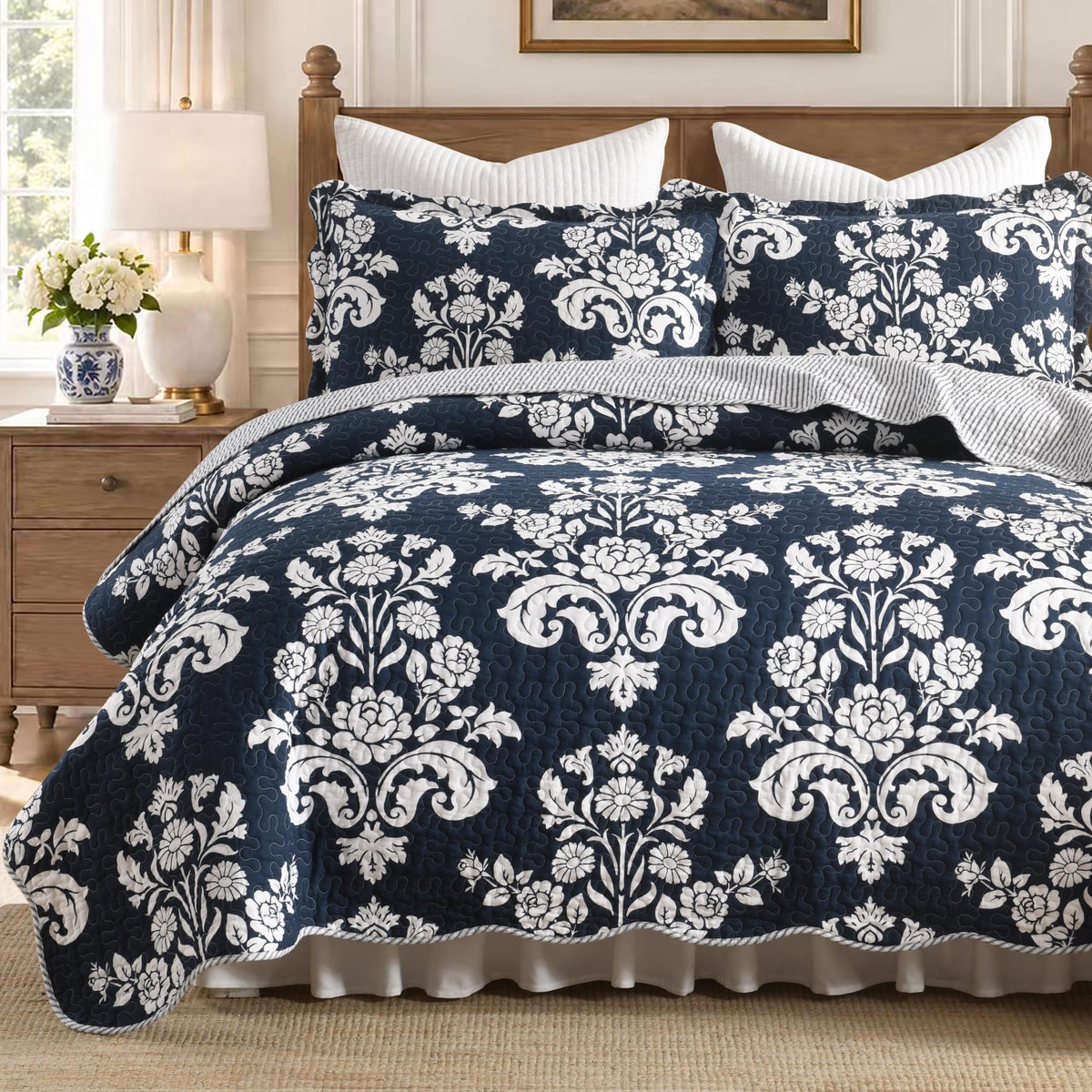 100% Cotton King Quilt Set Taupe Floral Bedding and 2 Pillow Shams