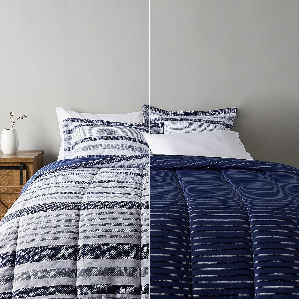 Amazon Basics Twin/Twin XL Size Ultra-Soft Lightweight Microfiber Reversible 2-Piece Bedding Comforter Set, Blue Denim/Beige Stripes
