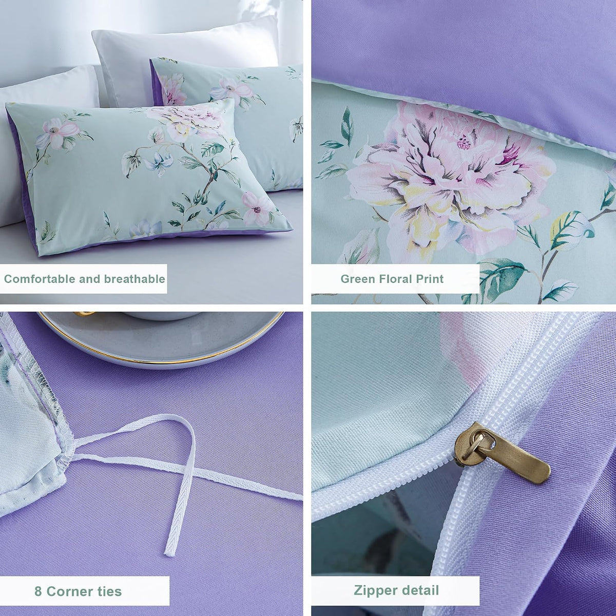 BOLINLIVINGFloral Duvet Cover Set Queen Size, 3Pcs Bedding Set,Green&Purple