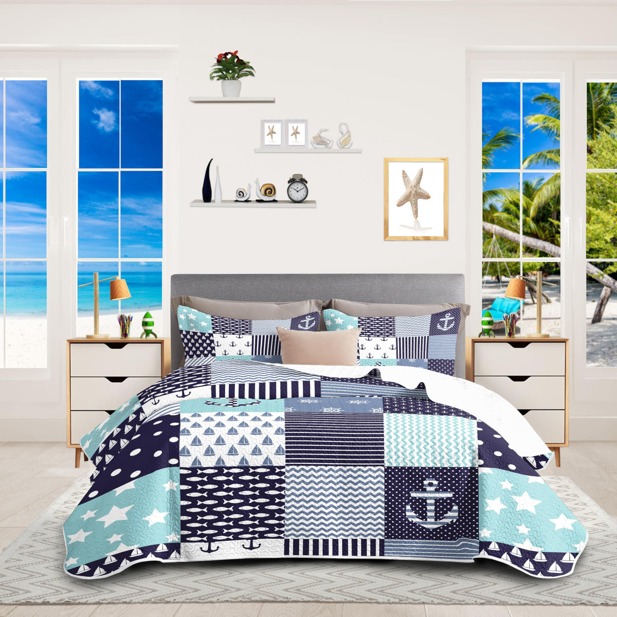 Nautical Queen Quilt Set, Coastal Seahorse Bedding, 3 Piece, 90"x96"