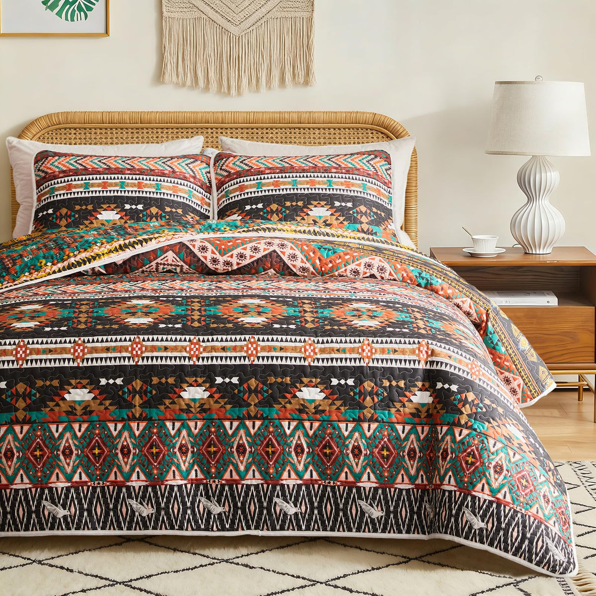 3 Pieces Colorful Boho Quilt Set Full Queen Size, Purple n Grey Bohemian Striped Printed Bedding Bedspread Coverlet Set for Summer, Soft Lightweight Microfiber Quilt with 2 Shams (88x88 inces)