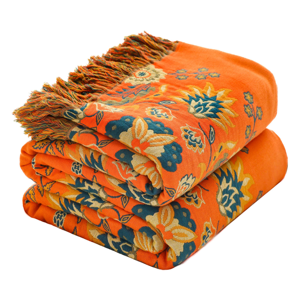 Floral Rustic Large Boho Throw Blanket 90"x98" Orange&Sage Green