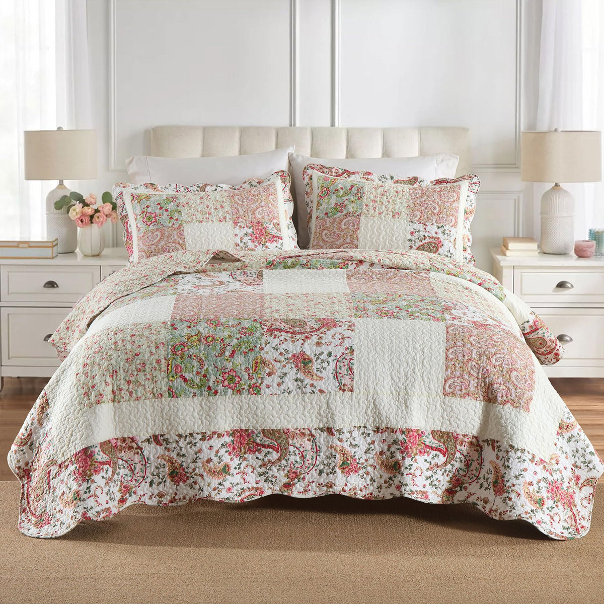 Secgo California King Quilt Size - 100% Cotton Oversized California Comforter Set Green Bedding Sets (120 * 110 Inch) with 2 Pillow Shams, Patchwork Reversible Lightweight Bedspread