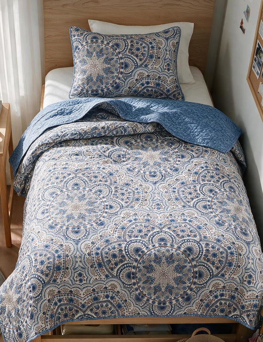Comfort Spaces Valerie Boho Reversible Twin Quilt Bedding Set, 2 PC, Blue