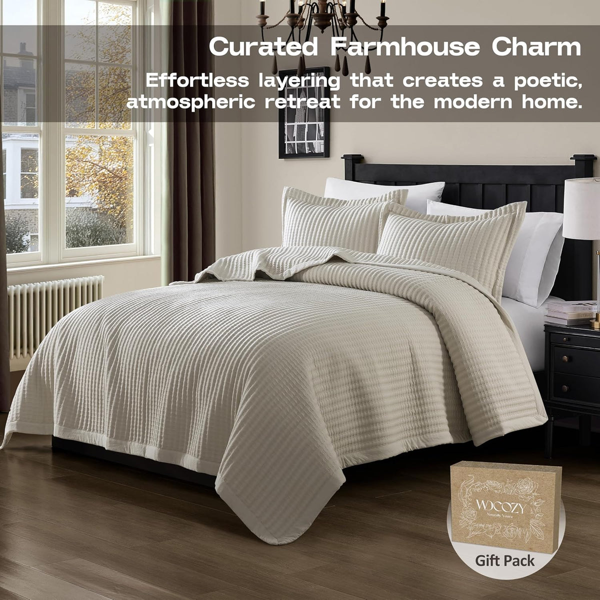 WDCOZY Beige Queen Size Quilt Set, Striped Pick Stitch Bedspread