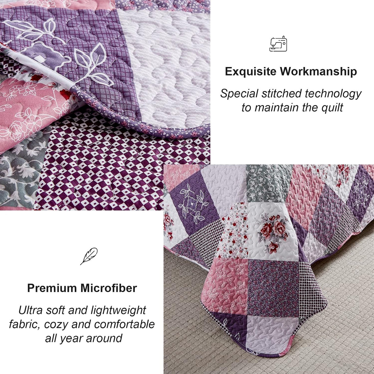 Dinjoy Boho Quilt Set Full Size, Patchwork Floral Bedspreads, Purple