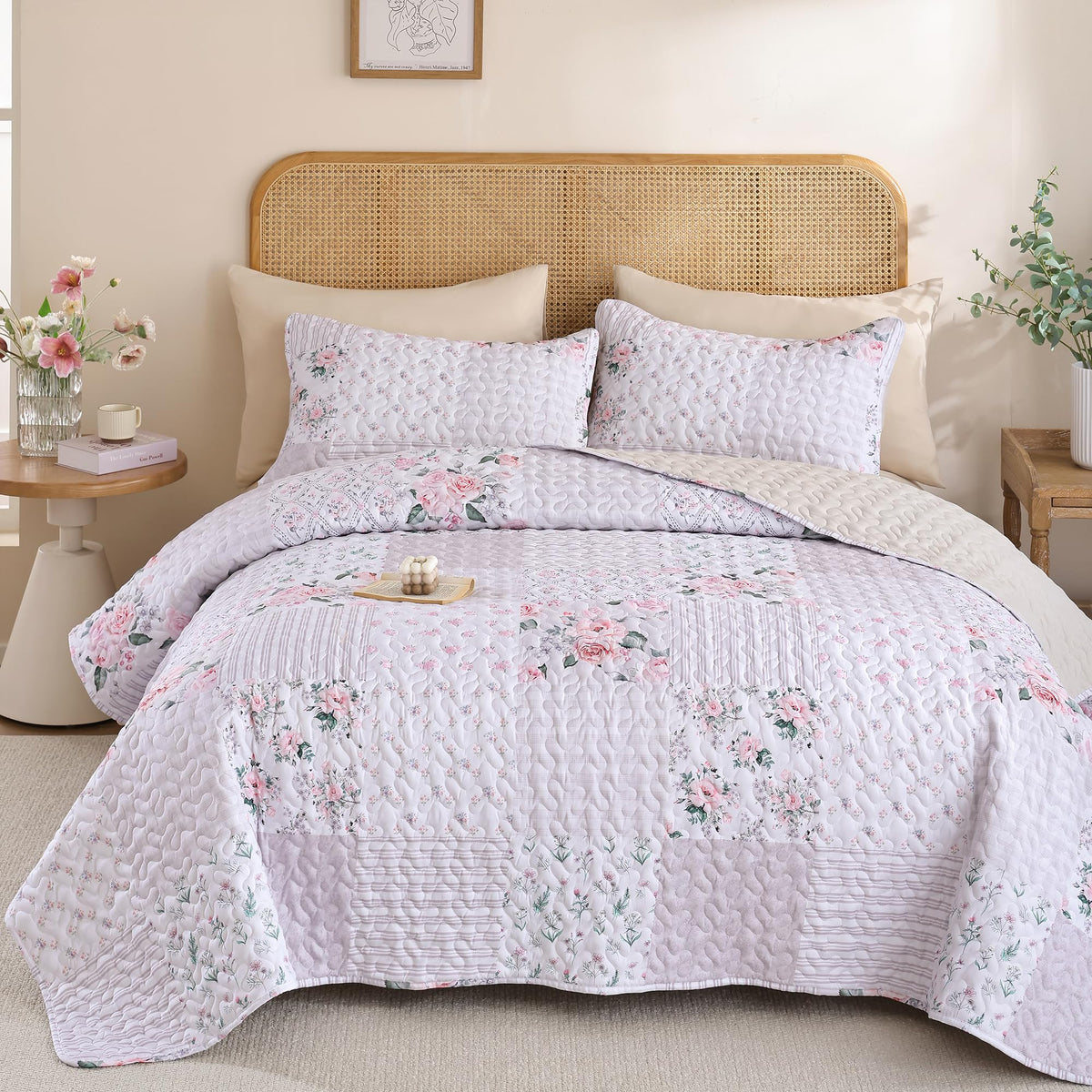 YIKUSH Floral Quilt Set Queen Size – Ultra Soft Lightweight Bedspread, 3 Piece Pink Bedding Set (90"x90") with Pillowcases (20"x26"), All Season Coverlet for Bedroom & Guest Room