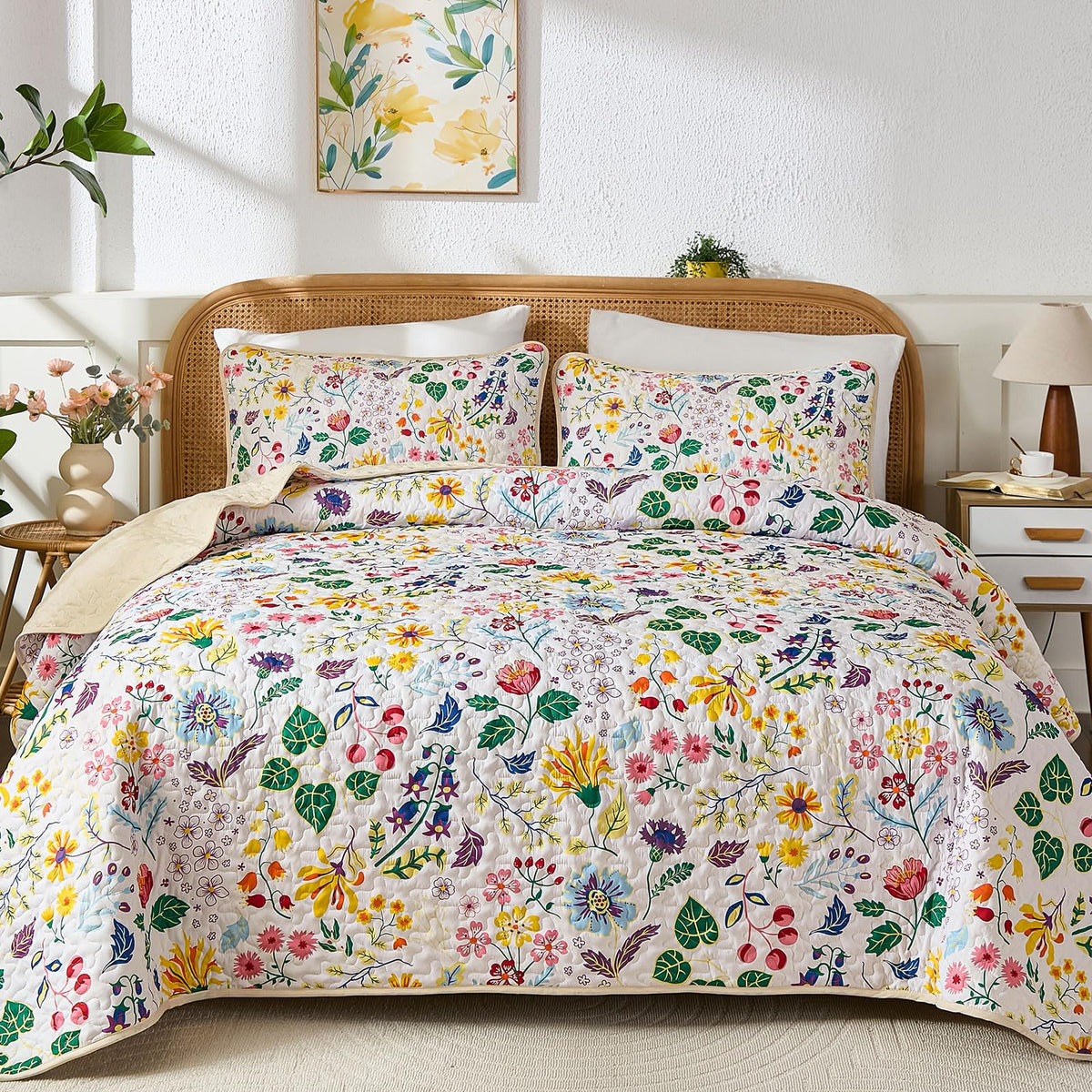 Yiran Beige Floral Quilt King Size, Sunflower Bedspreads Bedding Set