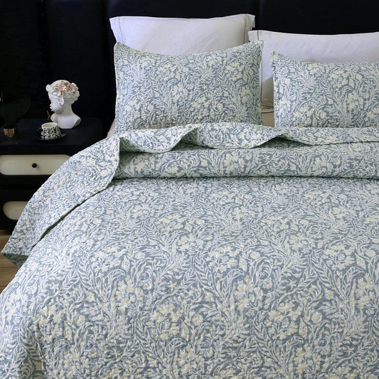 DURLENGEN Botanical Quilt California King Size,Reversible Bedding Set,Beige