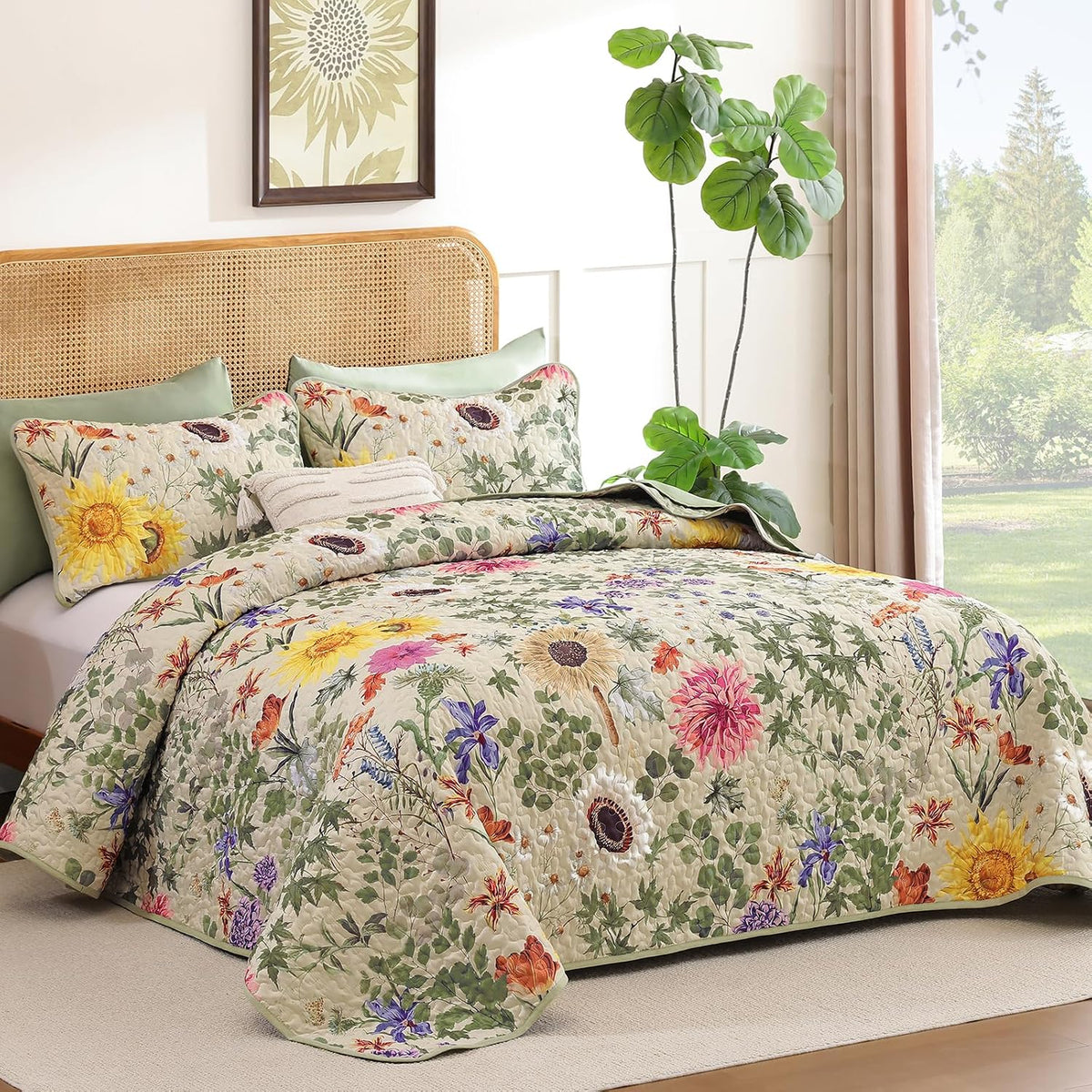 Yiran Beige Floral Quilt King Size, Sunflower Bedspreads Bedding Set