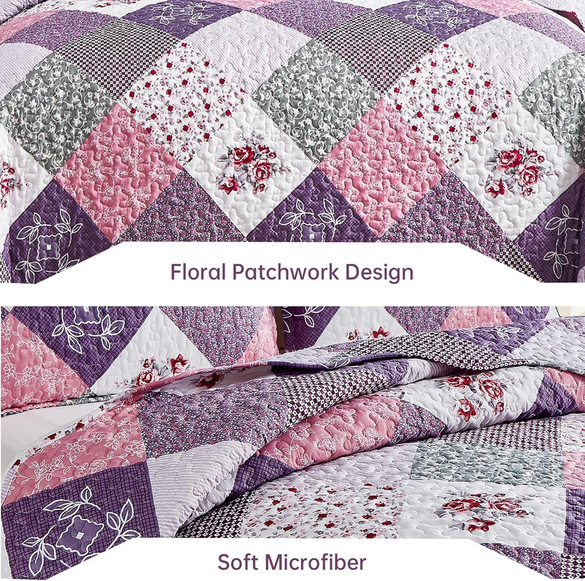 Dinjoy Boho Quilt Set Full Size, Patchwork Floral Bedspreads, Purple