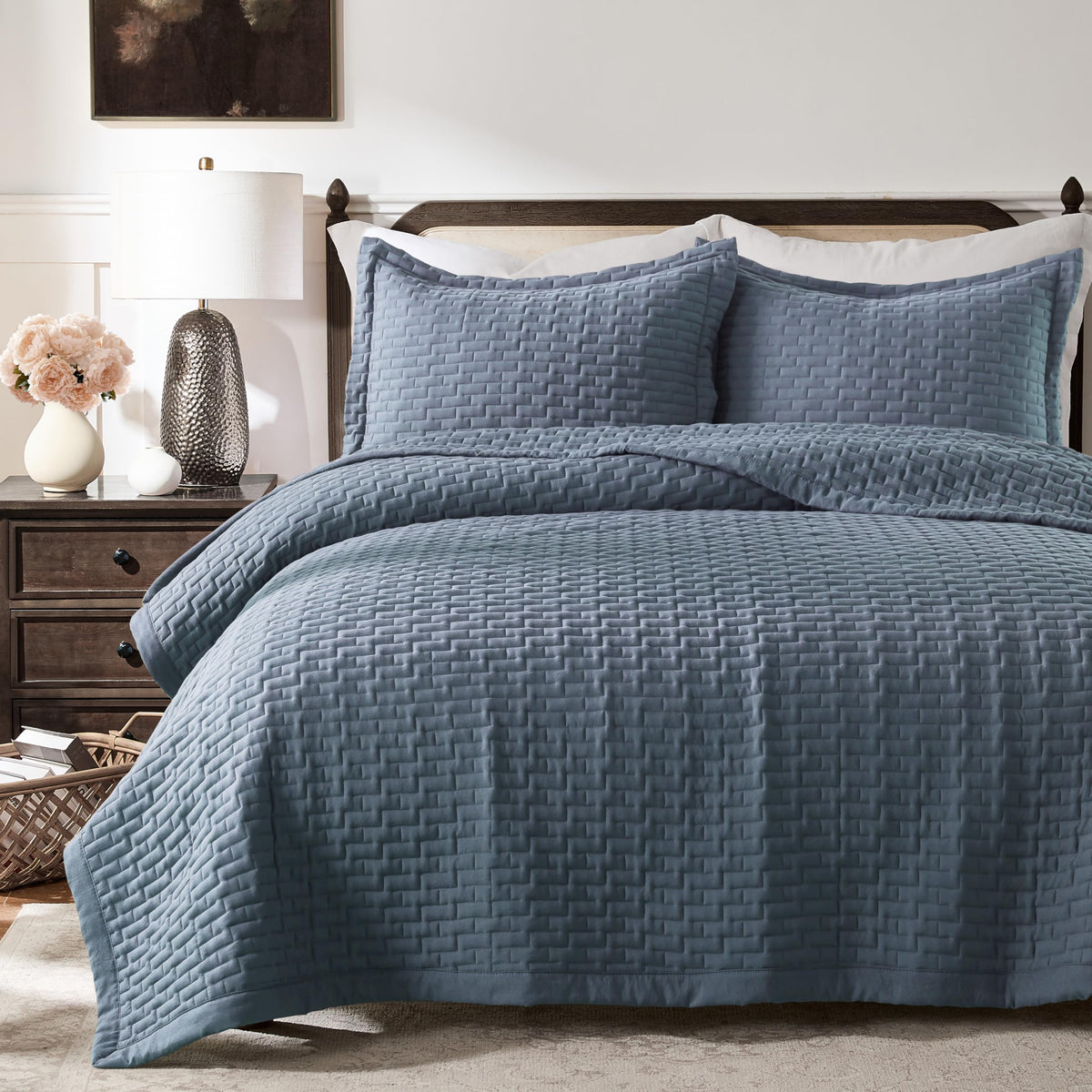 WDCOZY Beige Queen Size Quilt Set, Striped Pick Stitch Bedspread