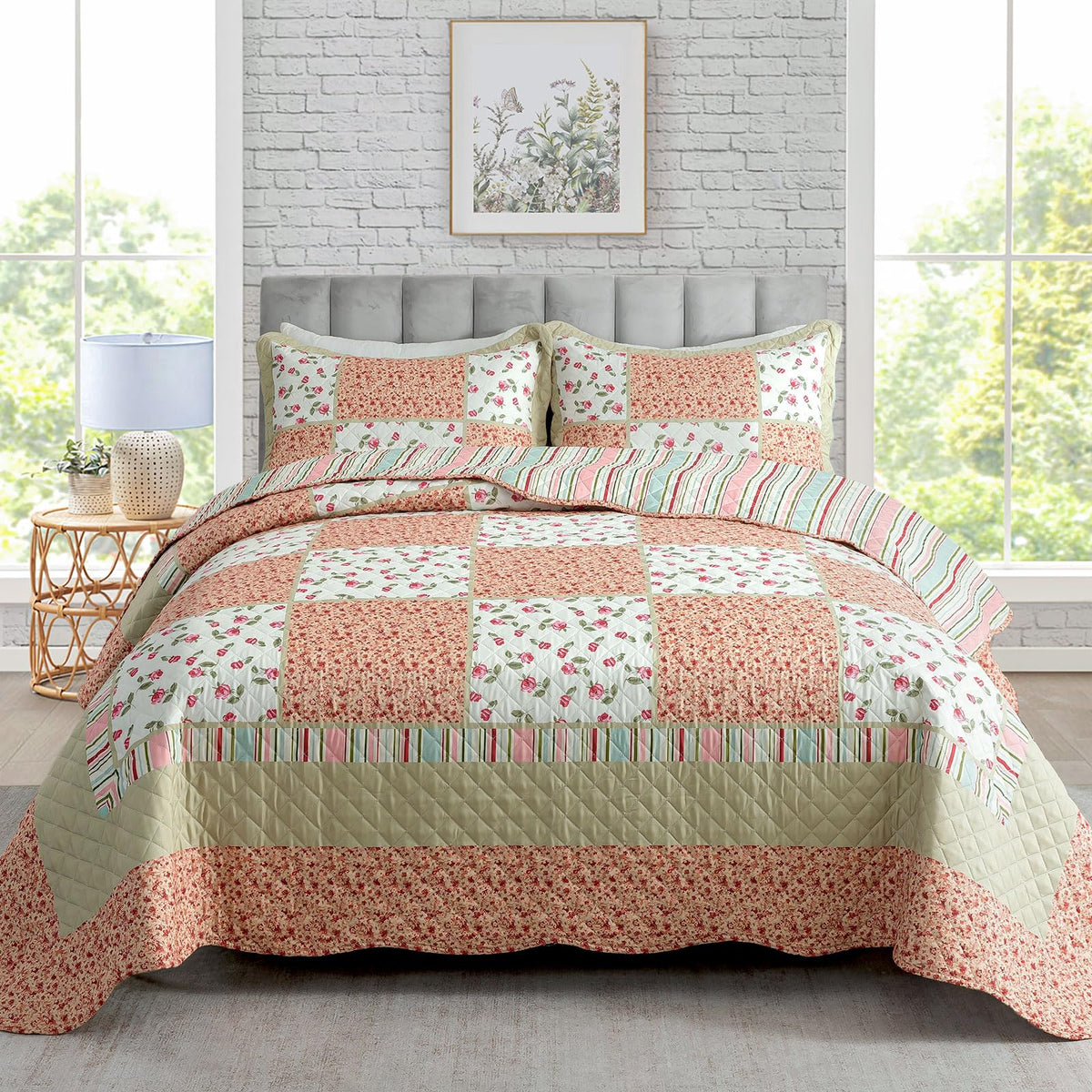 Travan 3-Piece Quilt Set Quilted Bedspread Lightweight Coverlet Set Garden Style Floral Printed Oversized Quilted Bedding Set with Shams for All Season, Exquisite, King Size