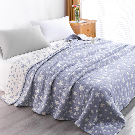 NTBAY Twin 3 Layer Muslin Cotton Blanket, 68 x 92, Blue Stars