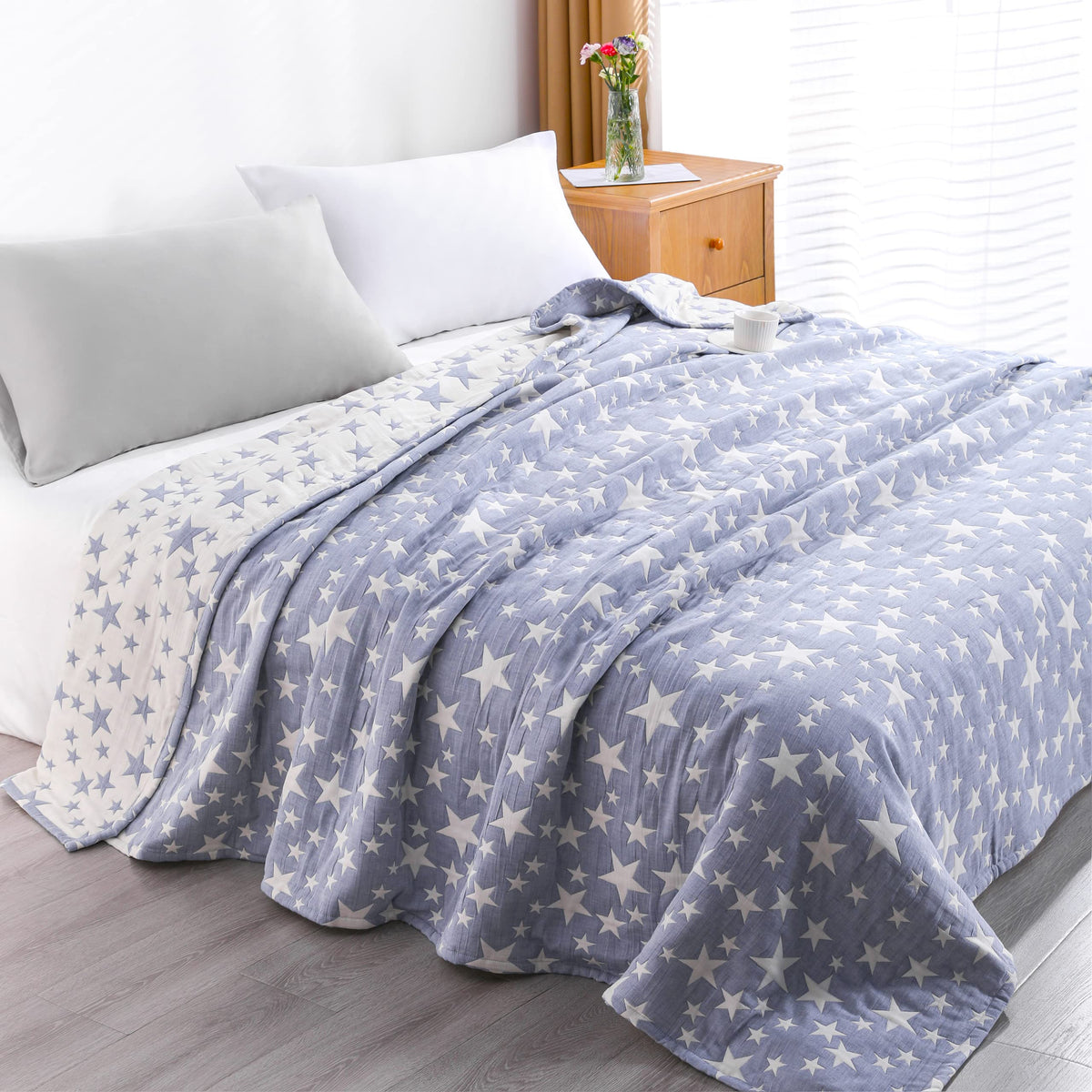 NTBAY Twin 3 Layer Muslin Cotton Blanket, 68 x 92, Blue Stars