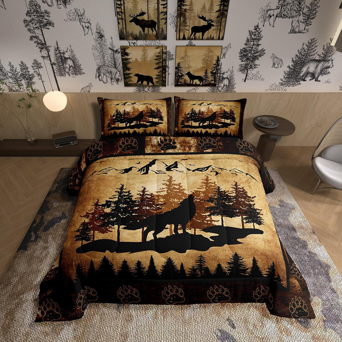 Homewish Jungle Cabin Comforter Set,Moose Animal Pine Trees Bedding Sets for Kids Teens Adults,Retro Wooden Stripes Rustic Farmhouse Quilted Comforter with 2 Pillowcases Queen Size 3 Pcs