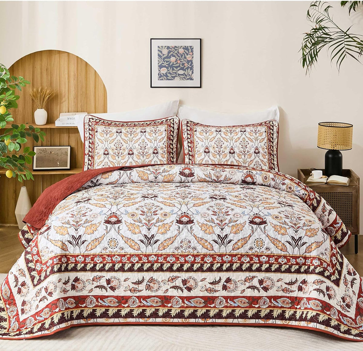 DJY King Size Quilt Sets, Burgundy Floral Quilt Set King 3 Pieces Red Boho Bedspread Coverlet Set with 2 Pillowcases Soft Lightweight Microfiber Bedding for All Season (104"x90")