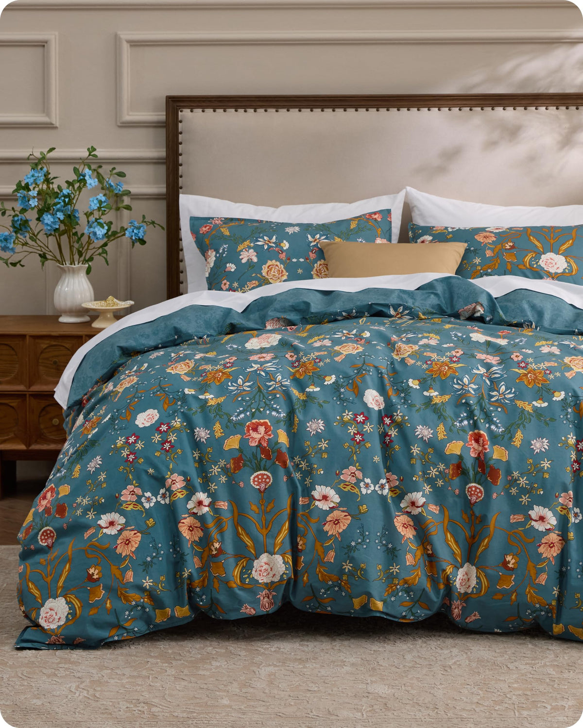 Bedsure PureWoven 100% Cotton Floral Duvet Cover Set, Queen, Green