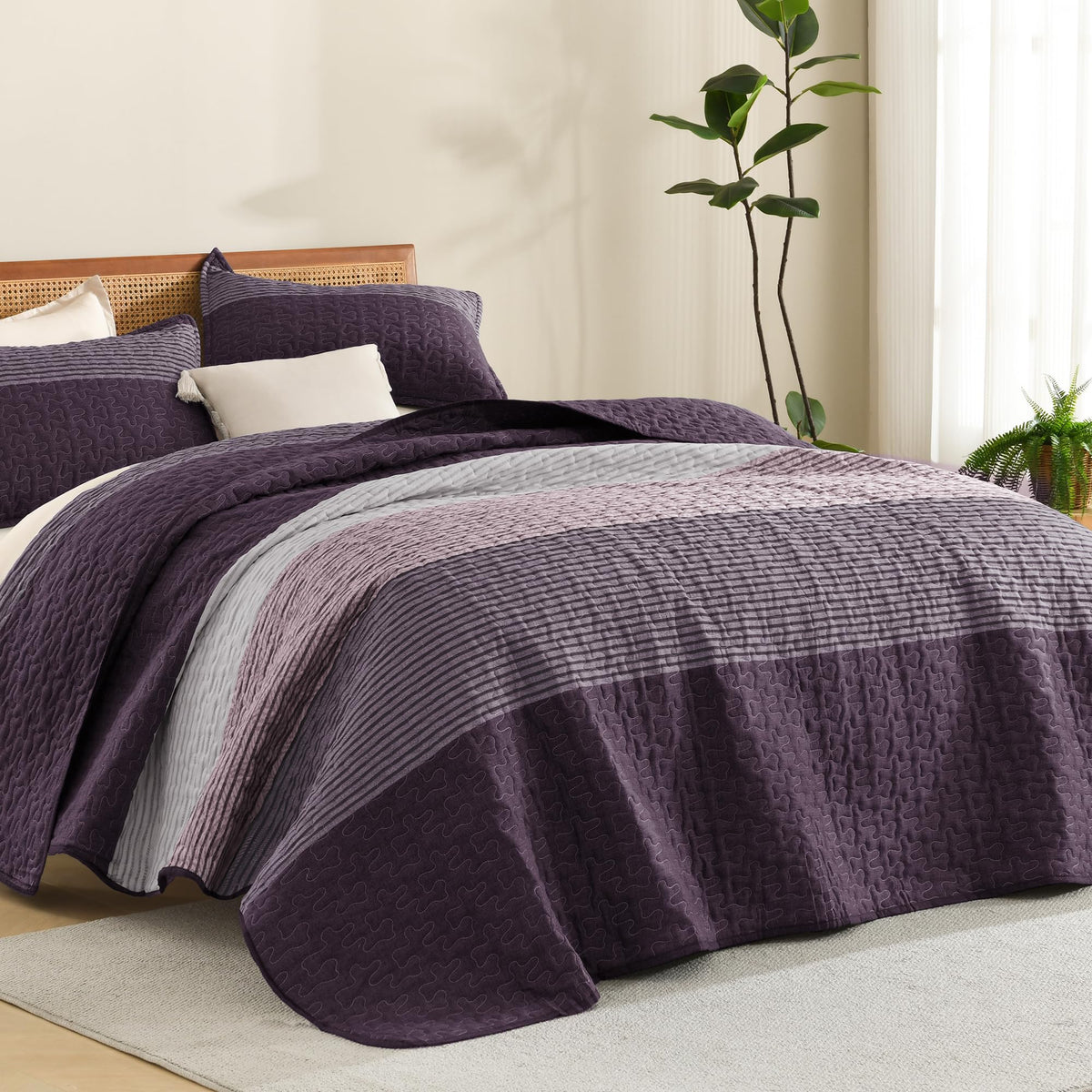 Litanika Queen Size Quilt, 3 Pcs Black and White Stripe Bedding Set