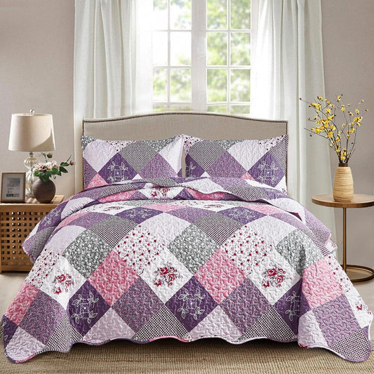 Dinjoy Boho Quilt Set Full Size, Patchwork Floral Bedspreads, Purple