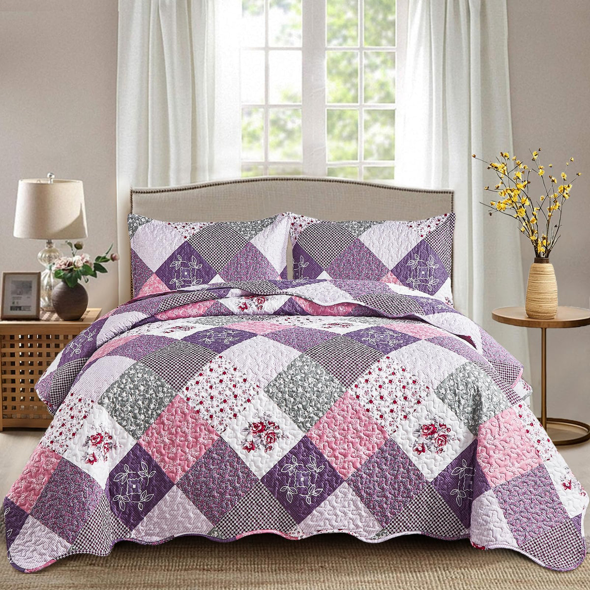 Dinjoy Boho Quilt Set Full Size, Patchwork Floral Bedspreads, Purple