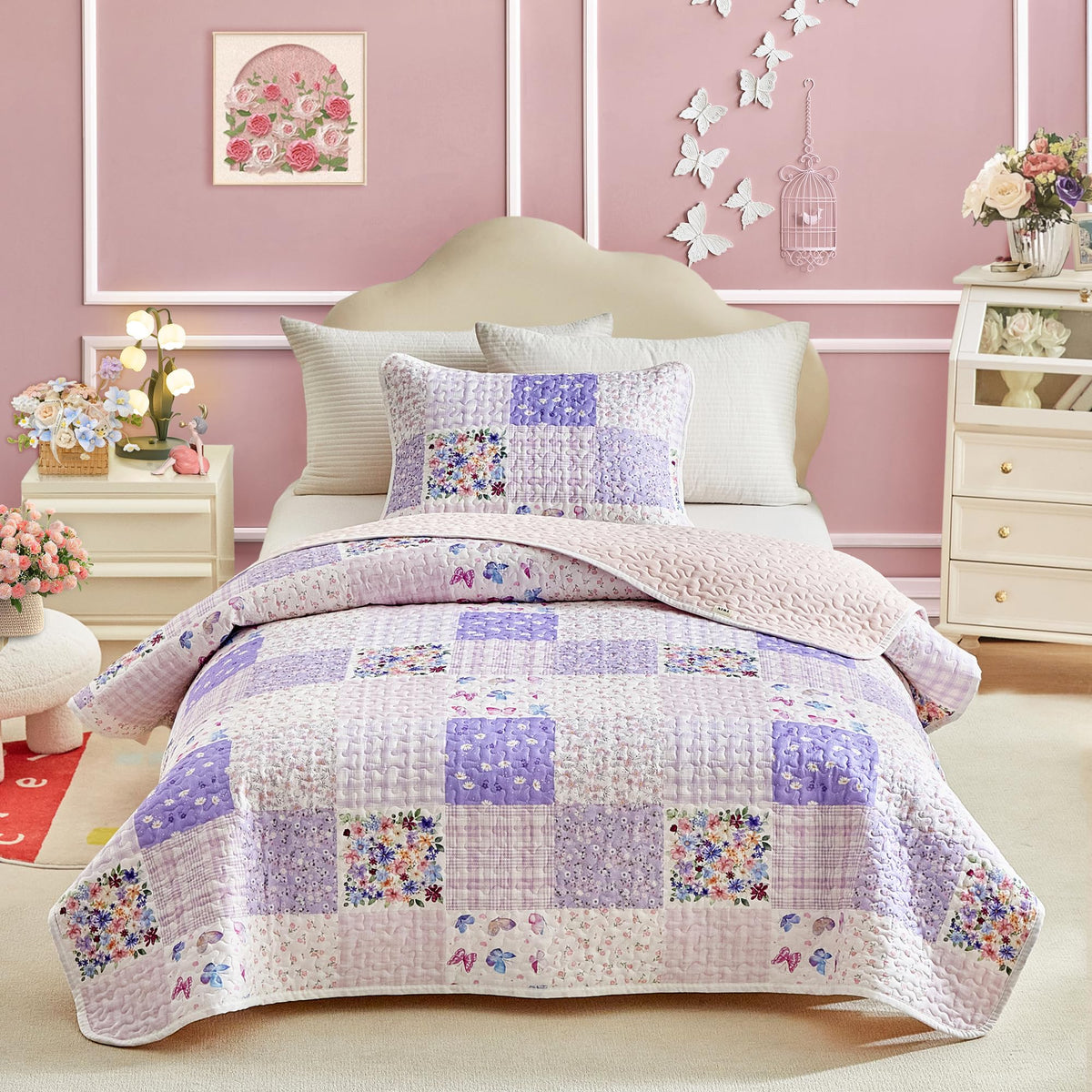 Joyreap Twin Size Quilt Set for Girls, Pink n Blue Floral Patchwork Design, 2 Pieces Soft n Cozy Microfiber Quilt, Bedspread Bed Cover for All Season- 68x88 inches