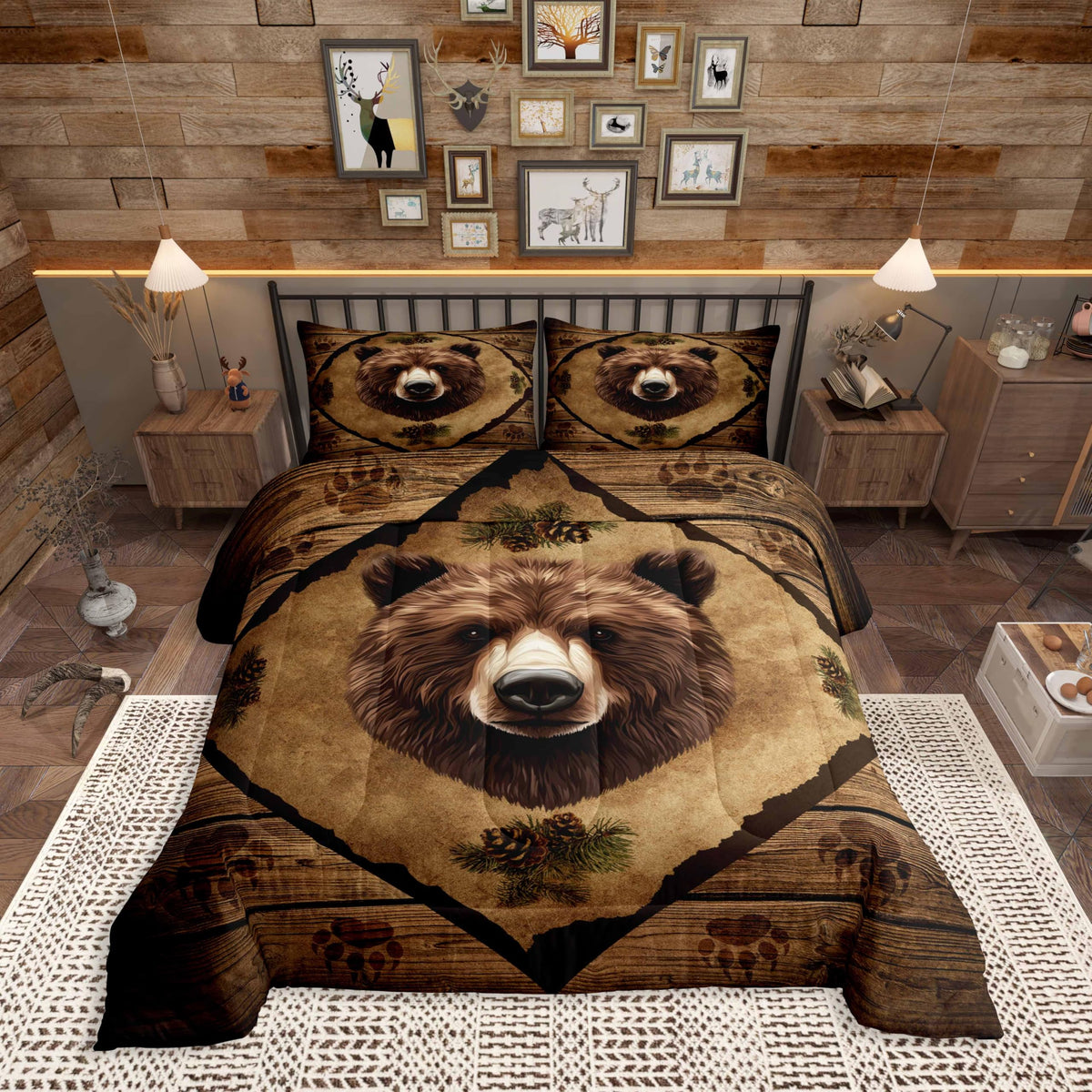 Homewish Jungle Cabin Comforter Set,Moose Animal Pine Trees Bedding Sets for Kids Teens Adults,Retro Wooden Stripes Rustic Farmhouse Quilted Comforter with 2 Pillowcases Queen Size 3 Pcs