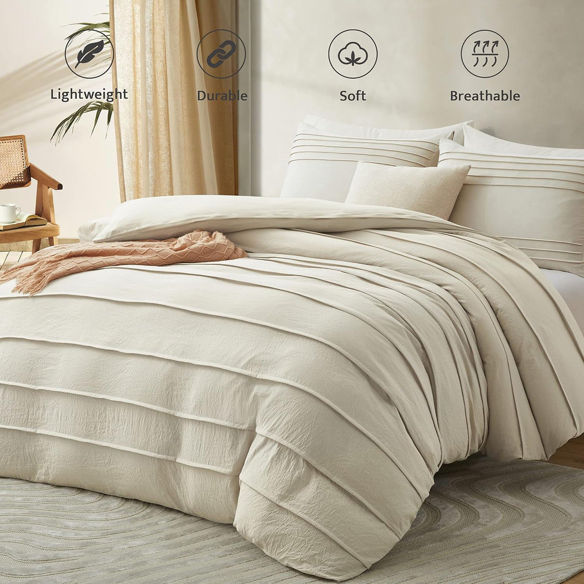 Oli Anderson 3PCS Pleated Duvet Cover Set, Beige, King