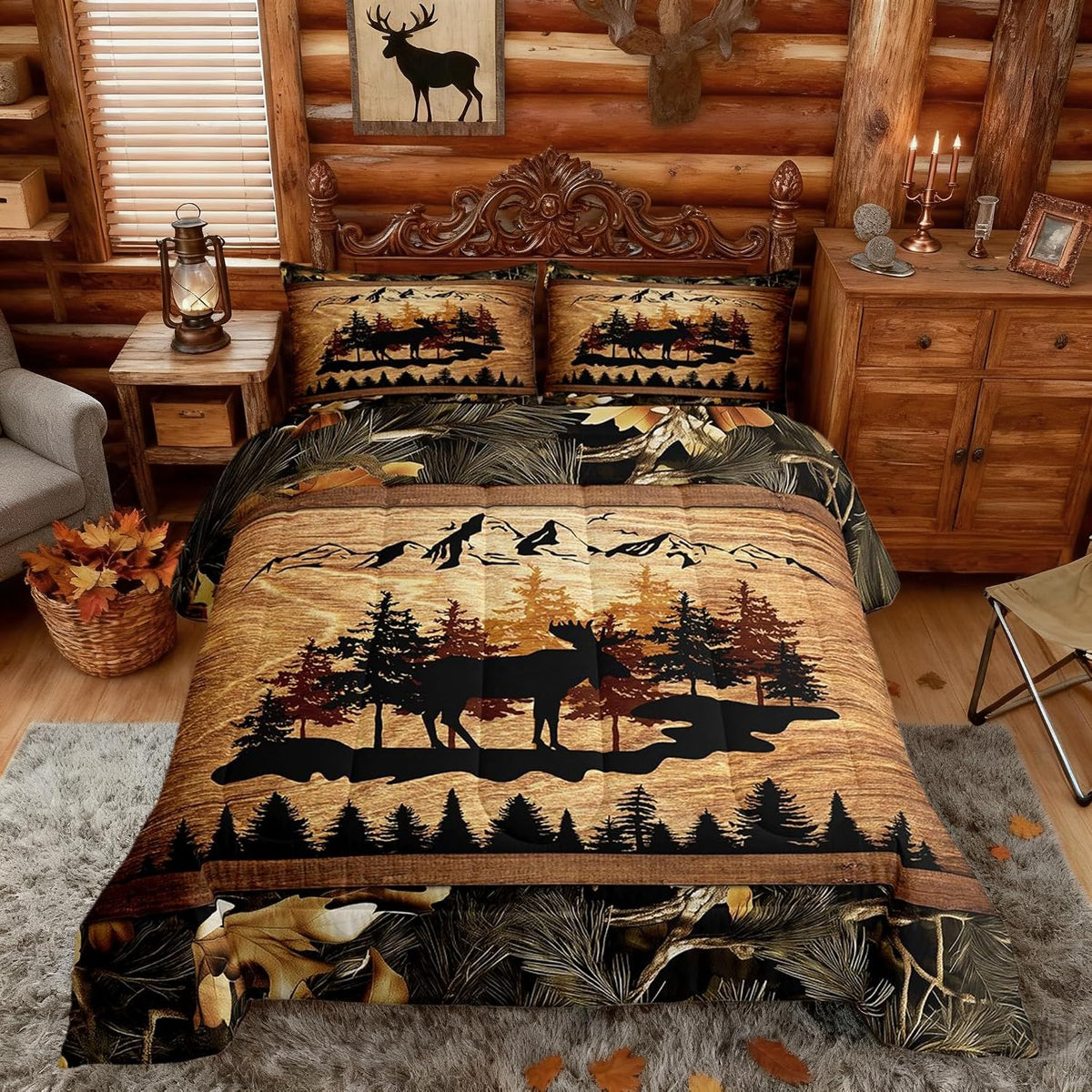 Homewish Jungle Cabin Comforter Set,Moose Animal Pine Trees Bedding Sets for Kids Teens Adults,Retro Wooden Stripes Rustic Farmhouse Quilted Comforter with 2 Pillowcases Queen Size 3 Pcs