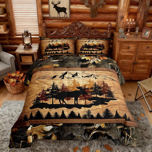 Homewish Jungle Cabin Comforter Set,Moose Animal Pine Trees Bedding Sets for Kids Teens Adults,Retro Wooden Stripes Rustic Farmhouse Quilted Comforter with 2 Pillowcases Queen Size 3 Pcs