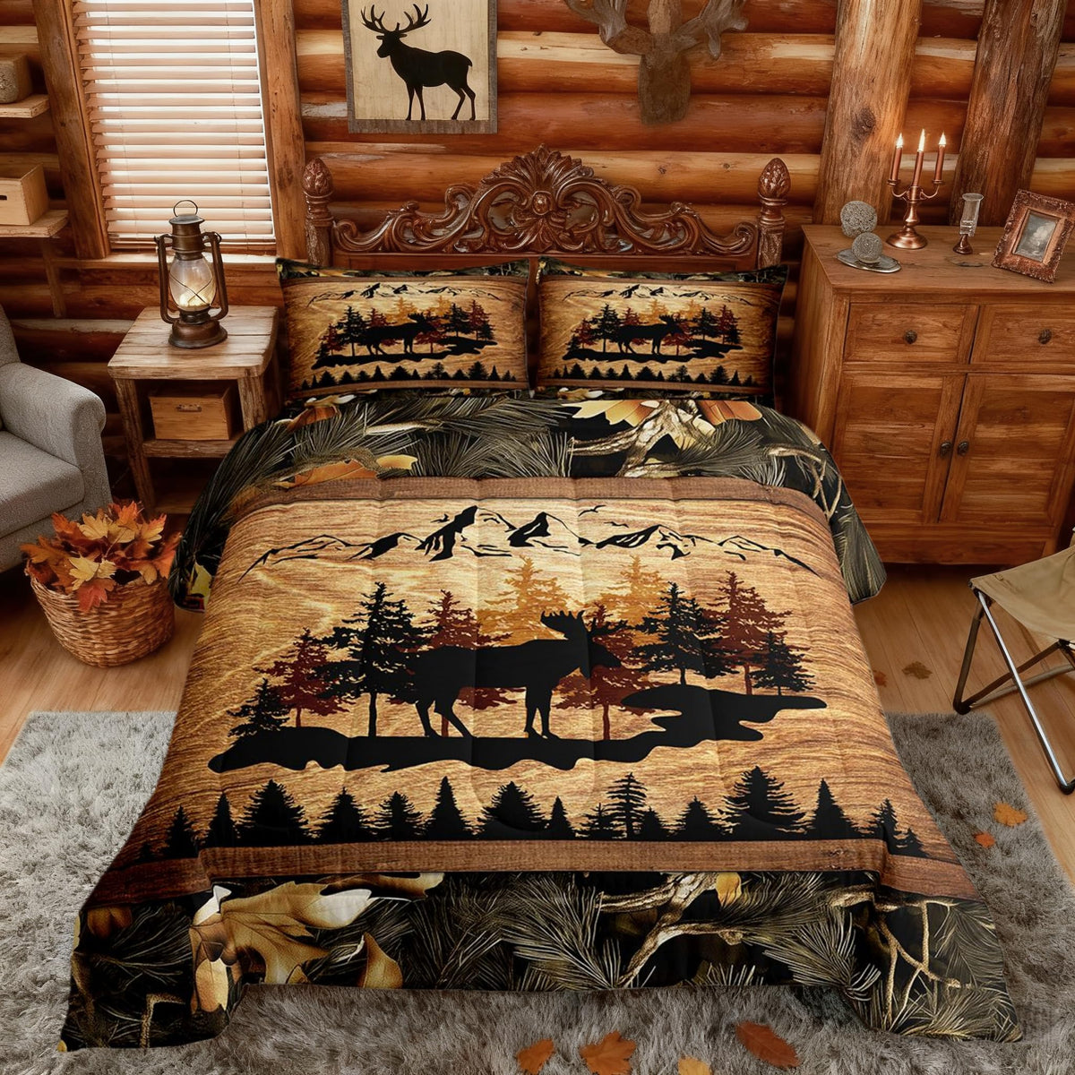 Homewish Jungle Cabin Comforter Set,Moose Animal Pine Trees Bedding Sets for Kids Teens Adults,Retro Wooden Stripes Rustic Farmhouse Quilted Comforter with 2 Pillowcases Queen Size 3 Pcs