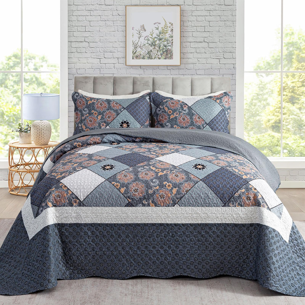 Travan 3-Piece Quilt Set Quilted Bedspread Lightweight Coverlet Set Garden Style Floral Printed Oversized Quilted Bedding Set with Shams for All Season, Exquisite, King Size