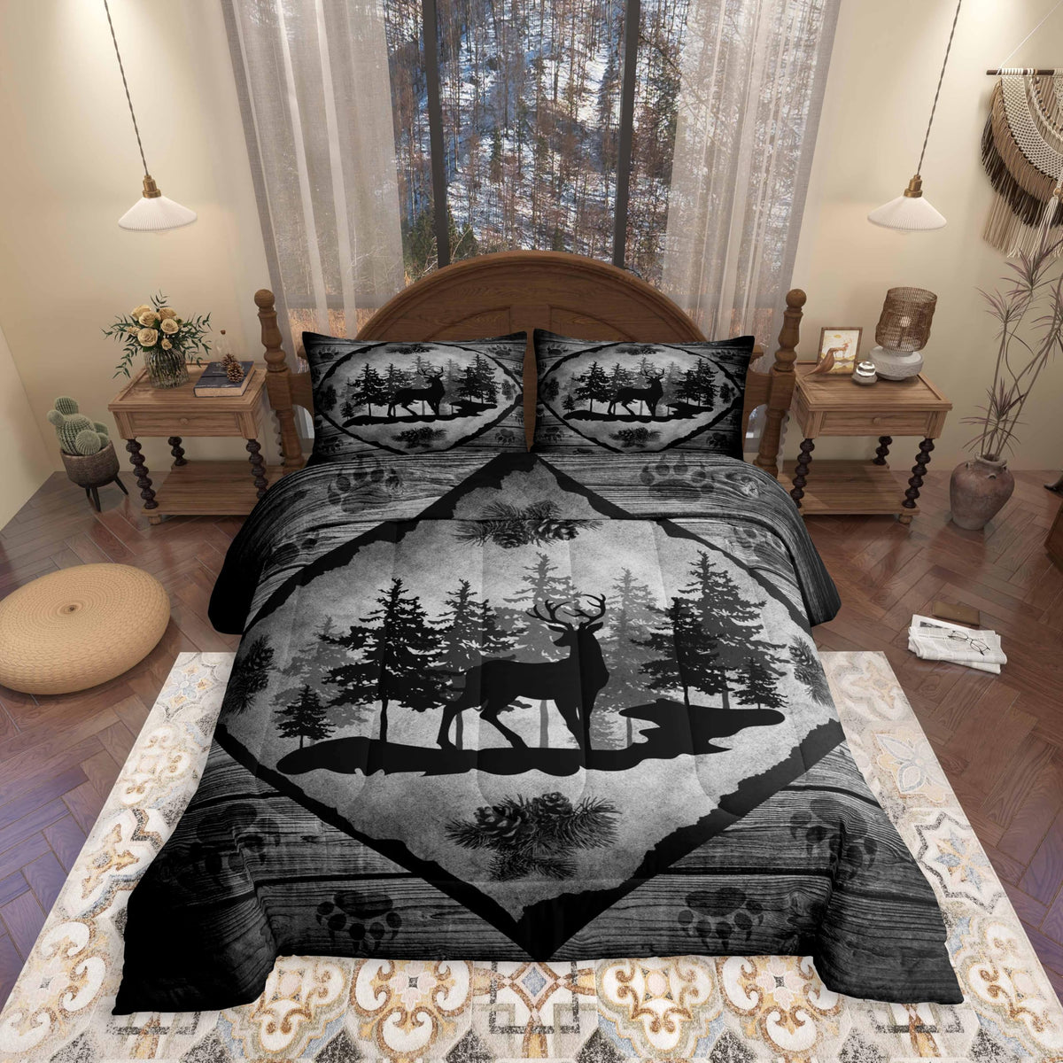 Homewish Jungle Cabin Comforter Set,Moose Animal Pine Trees Bedding Sets for Kids Teens Adults,Retro Wooden Stripes Rustic Farmhouse Quilted Comforter with 2 Pillowcases Queen Size 3 Pcs